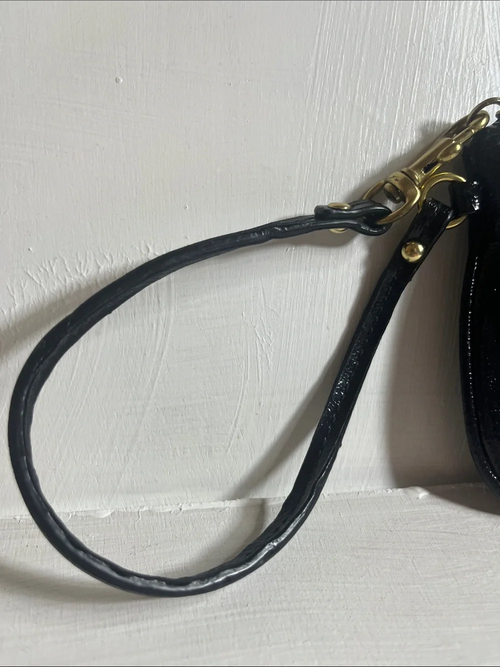 Coach Poppy Black Patent Leather Wristlet with Gold Accents